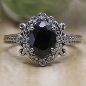 925 Black Onyx Wedding Ring Vintage Art deco Goth Ring For Her - Handmade